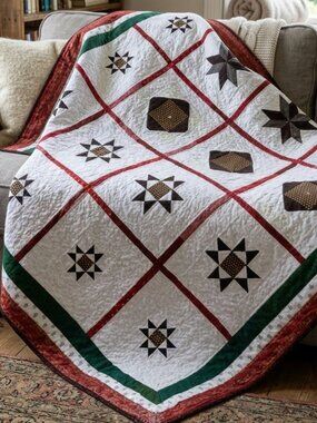 Handmade Throw Lap Quilt Green Red Black 59" x 56" Warm Cozy Bedding